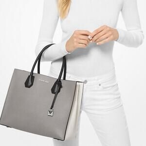 MICHAEL KORS Mercer Black Gray Cream Color-Block‎ Saffiano Leather Tote Bag COA